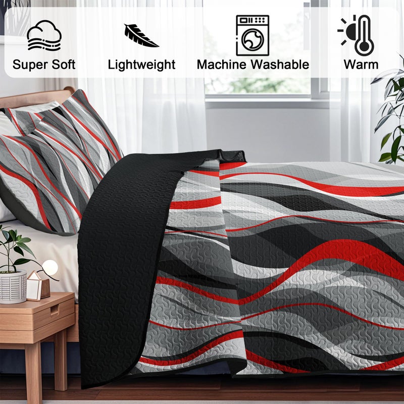 weesire Classic Line Pattern Bedding Quilt King Size Modern Grey Red and Black Stripe Quilt with 2 Shams  Gray and Red Comforter Sets Lightweight Breathable Bedspreads Coverlet  96''x106'' - Image 4